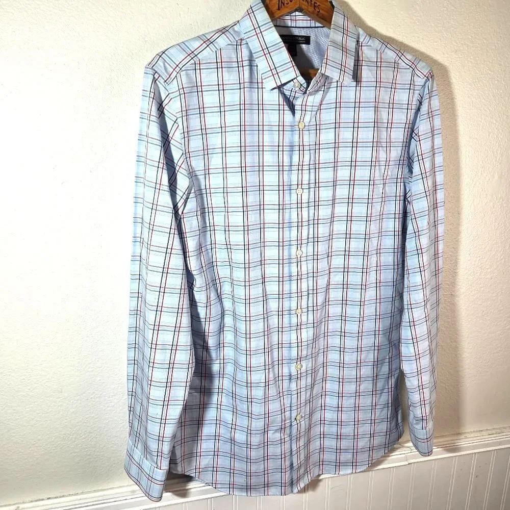 Banana Republic Men's Non Irom Tailored Slim Fit Blue Plaid Long Sleeve Shirt LG